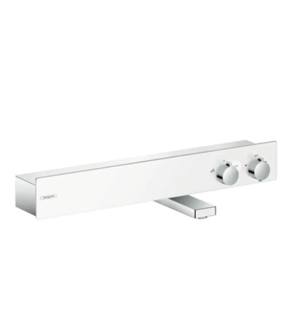 Weißes Thermostat mit zwei Reglern von Hansgrohe, das für die Montage an der Wand vorgesehen ist. Das Design ist schlicht und funktional, mit einer glänzenden Oberfläche.